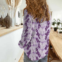 Hawaii Ti Leaf Maile Tuberose Lei Women Casual Shirt With Hanalei Leaf Purple