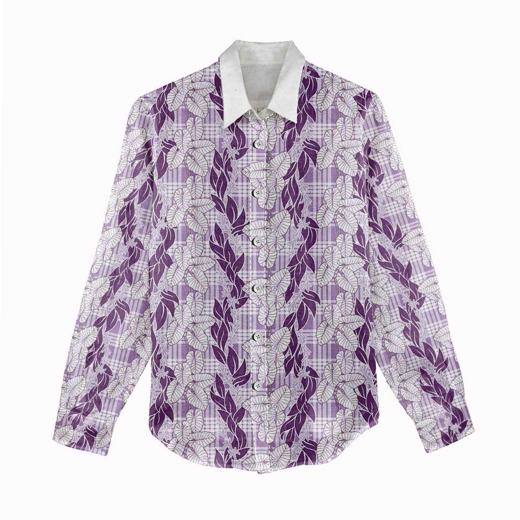 Hawaii Ti Leaf Maile Tuberose Lei Women Casual Shirt With Hanalei Leaf Purple