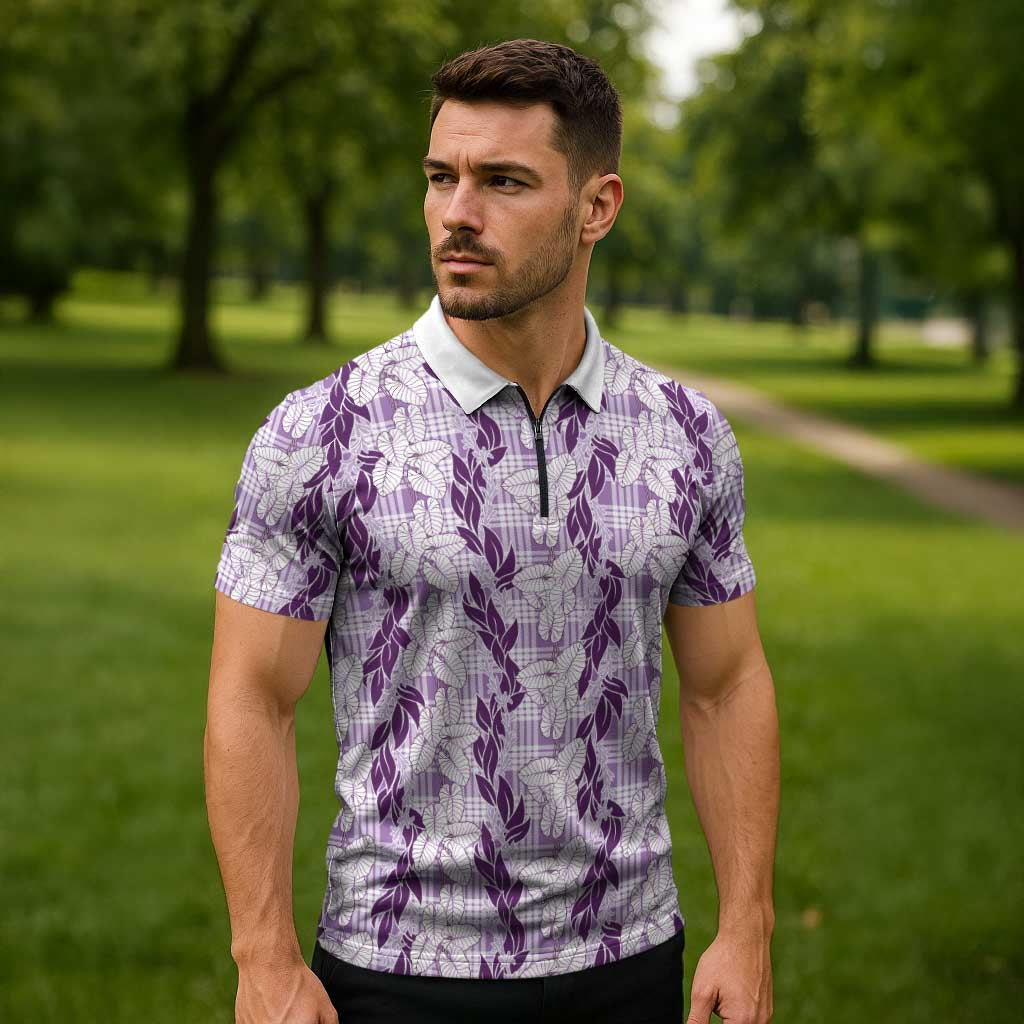 Hawaii Ti Leaf Maile Tuberose Lei Zipper Polo Shirt With Hanalei Leaf Purple