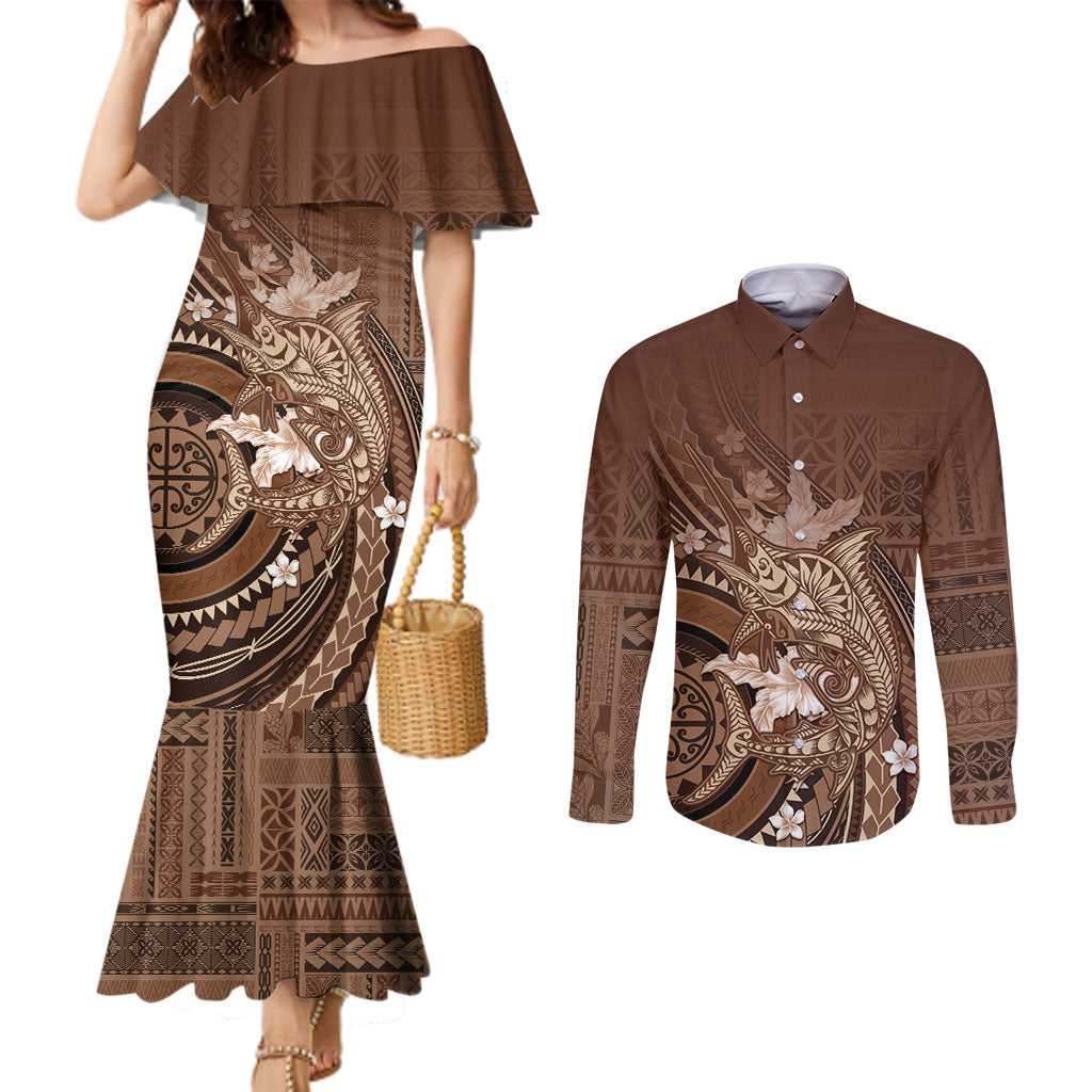 Samoa Tatau Marlin Couples Matching Mermaid Dress and Long Sleeve Button Shirt With Siapo Motifs Brown