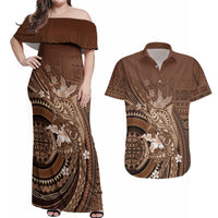 Samoa Tatau Marlin Couples Matching Off Shoulder Maxi Dress and Hawaiian Shirt With Siapo Motifs Brown