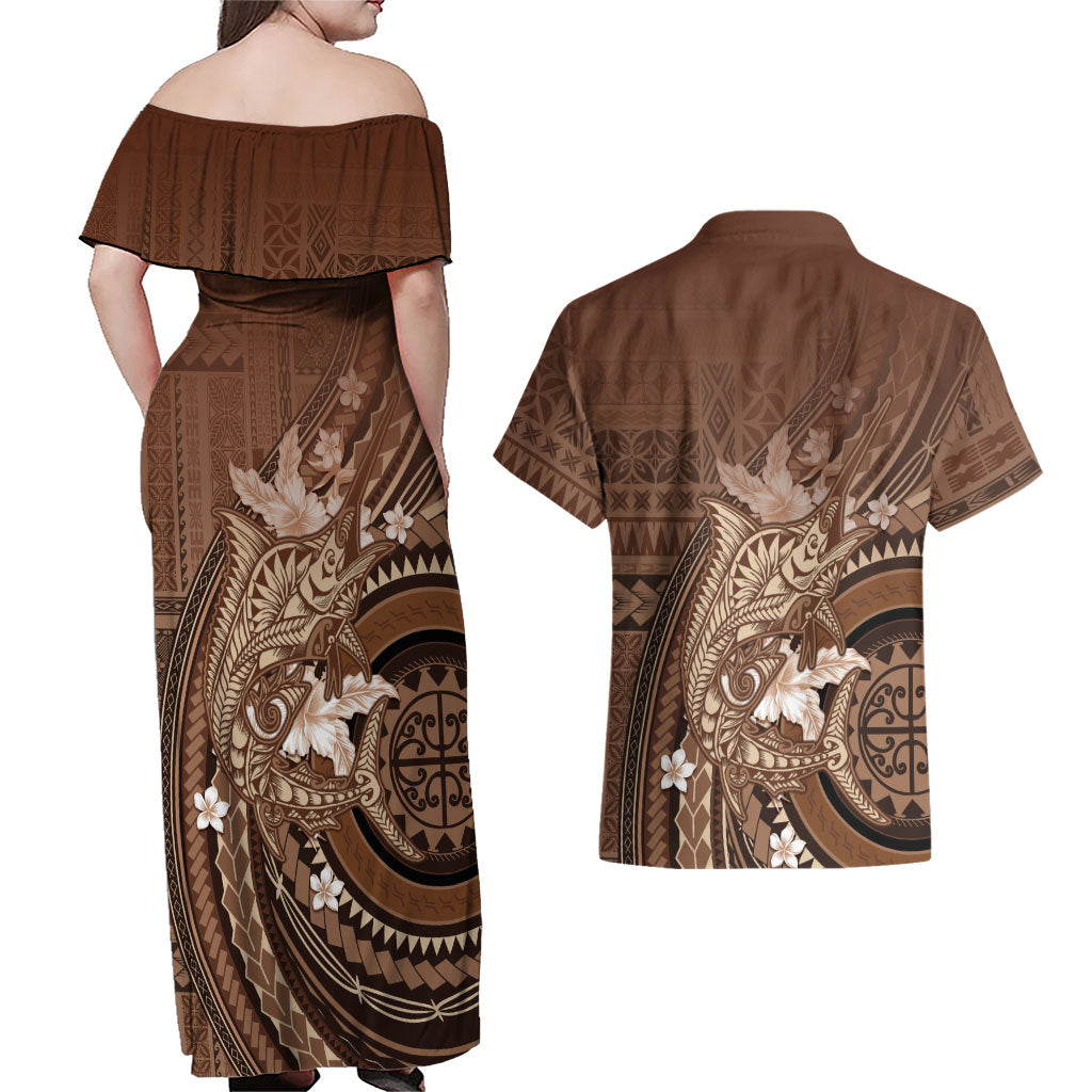Samoa Tatau Marlin Couples Matching Off Shoulder Maxi Dress and Hawaiian Shirt With Siapo Motifs Brown