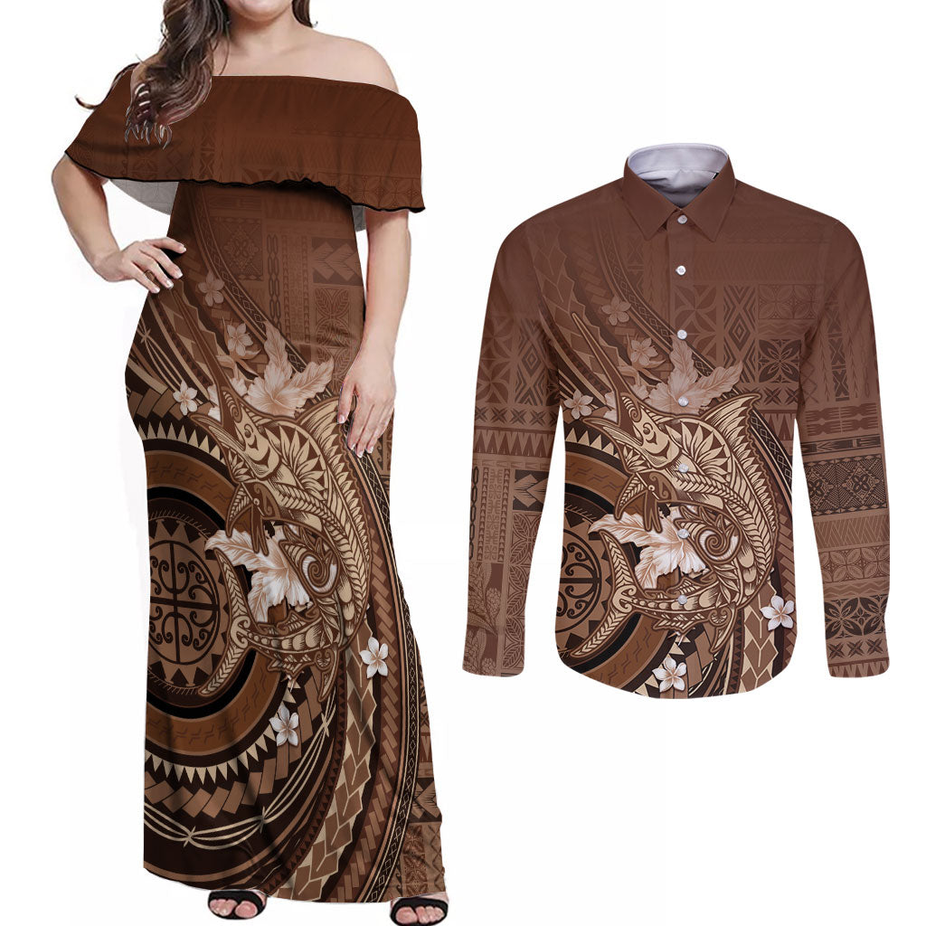 Samoa Tatau Marlin Couples Matching Off Shoulder Maxi Dress and Long Sleeve Button Shirt With Siapo Motifs Brown