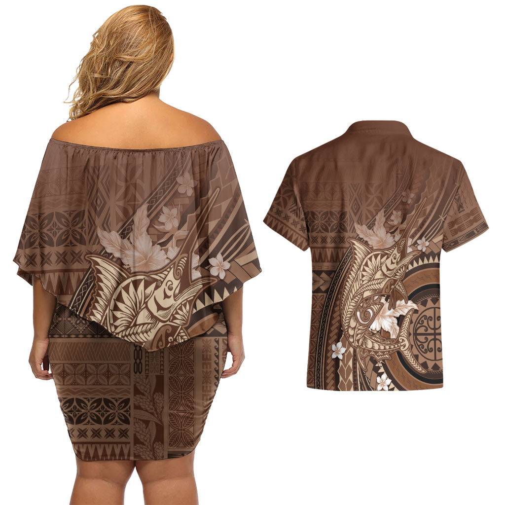 Samoa Tatau Marlin Couples Matching Off Shoulder Short Dress and Hawaiian Shirt With Siapo Motifs Brown