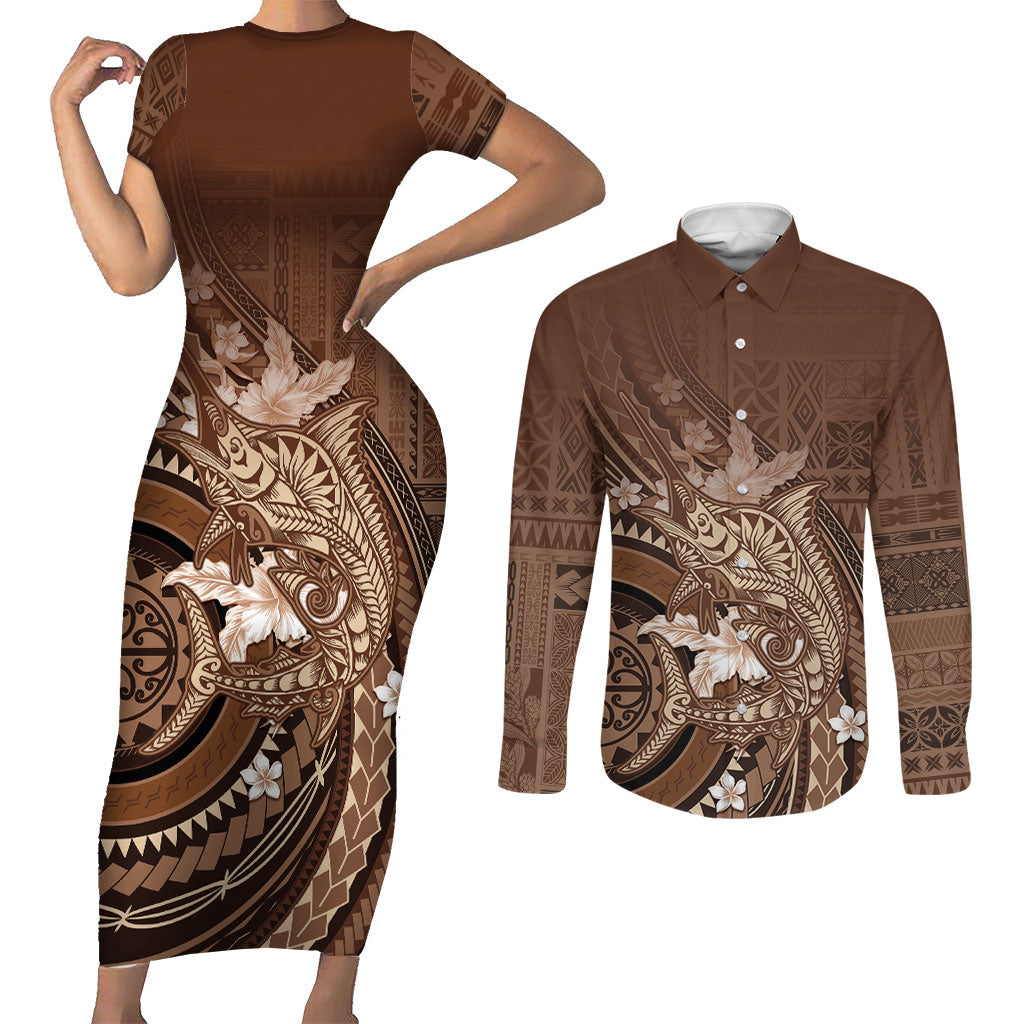 Samoa Tatau Marlin Couples Matching Short Sleeve Bodycon Dress and Long Sleeve Button Shirt With Siapo Motifs Brown