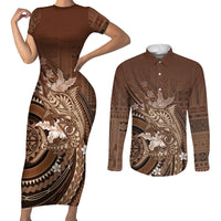 Samoa Tatau Marlin Couples Matching Short Sleeve Bodycon Dress and Long Sleeve Button Shirt With Siapo Motifs Brown