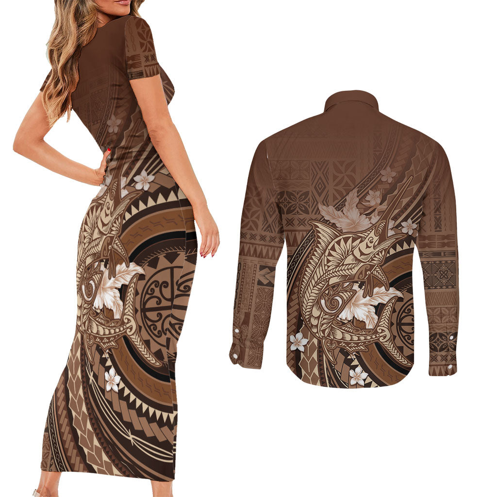 Samoa Tatau Marlin Couples Matching Short Sleeve Bodycon Dress and Long Sleeve Button Shirt With Siapo Motifs Brown