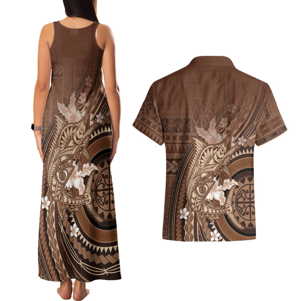 Samoa Tatau Marlin Couples Matching Tank Maxi Dress and Hawaiian Shirt With Siapo Motifs Brown