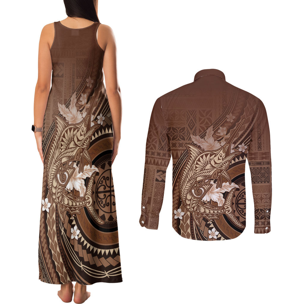 Samoa Tatau Marlin Couples Matching Tank Maxi Dress and Long Sleeve Button Shirt With Siapo Motifs Brown