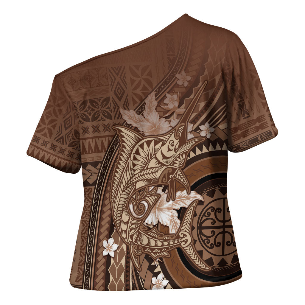 Samoa Tatau Marlin Cross Shoulder Shirt With Siapo Motifs Brown