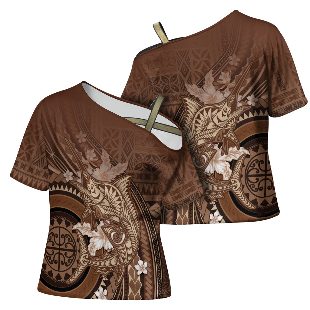Samoa Tatau Marlin Cross Shoulder Shirt With Siapo Motifs Brown