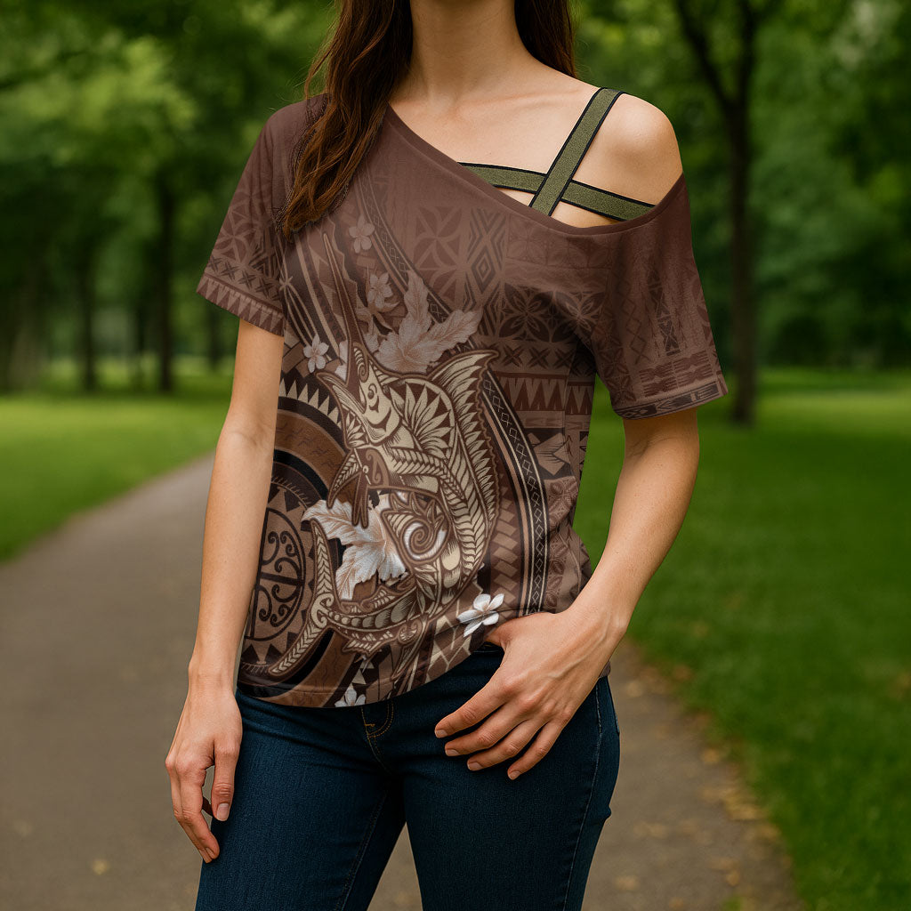 Samoa Tatau Marlin Cross Shoulder Shirt With Siapo Motifs Brown