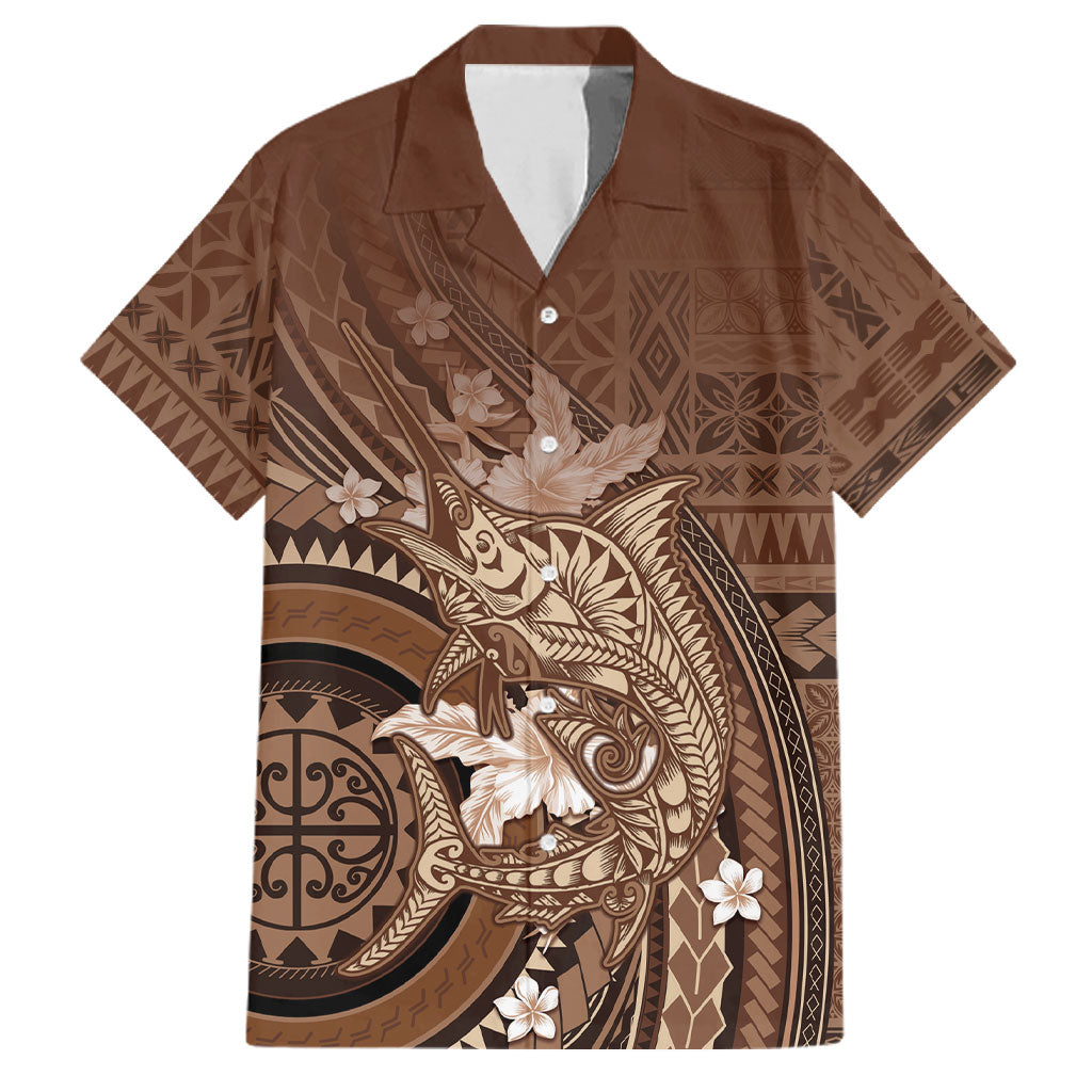 Samoa Tatau Marlin Family Matching Long Sleeve Bodycon Dress and Hawaiian Shirt With Siapo Motifs Brown LT05 Dad's Shirt - Short Sleeve Brown - Polynesian Pride