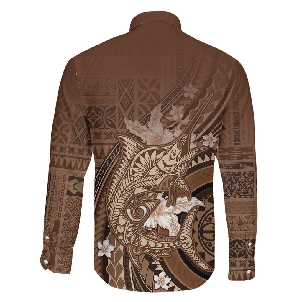 Samoa Tatau Marlin Family Matching Long Sleeve Bodycon Dress and Hawaiian Shirt With Siapo Motifs Brown LT05 - Polynesian Pride