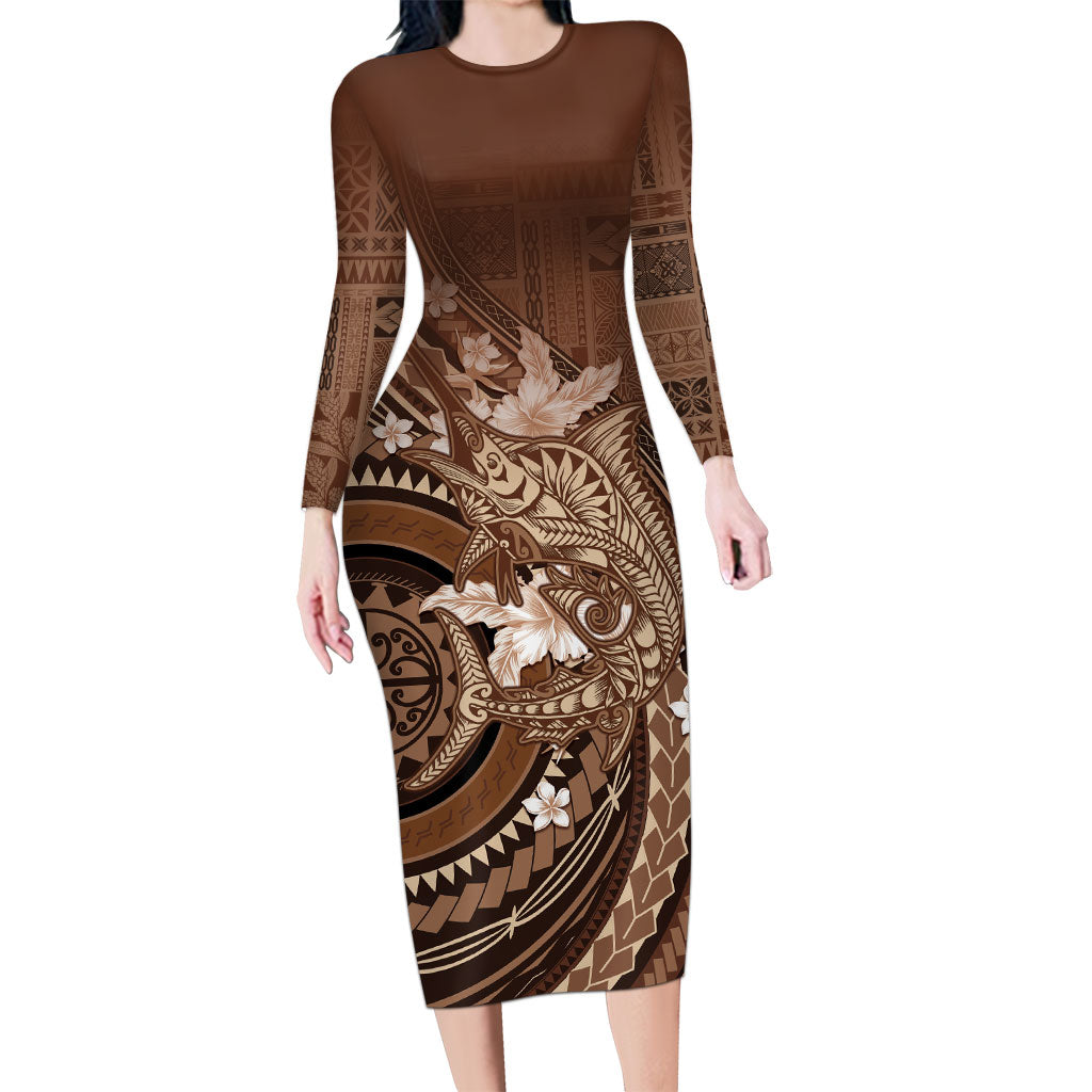 Samoa Tatau Marlin Family Matching Long Sleeve Bodycon Dress and Hawaiian Shirt With Siapo Motifs Brown LT05 Mom's Dress Brown - Polynesian Pride