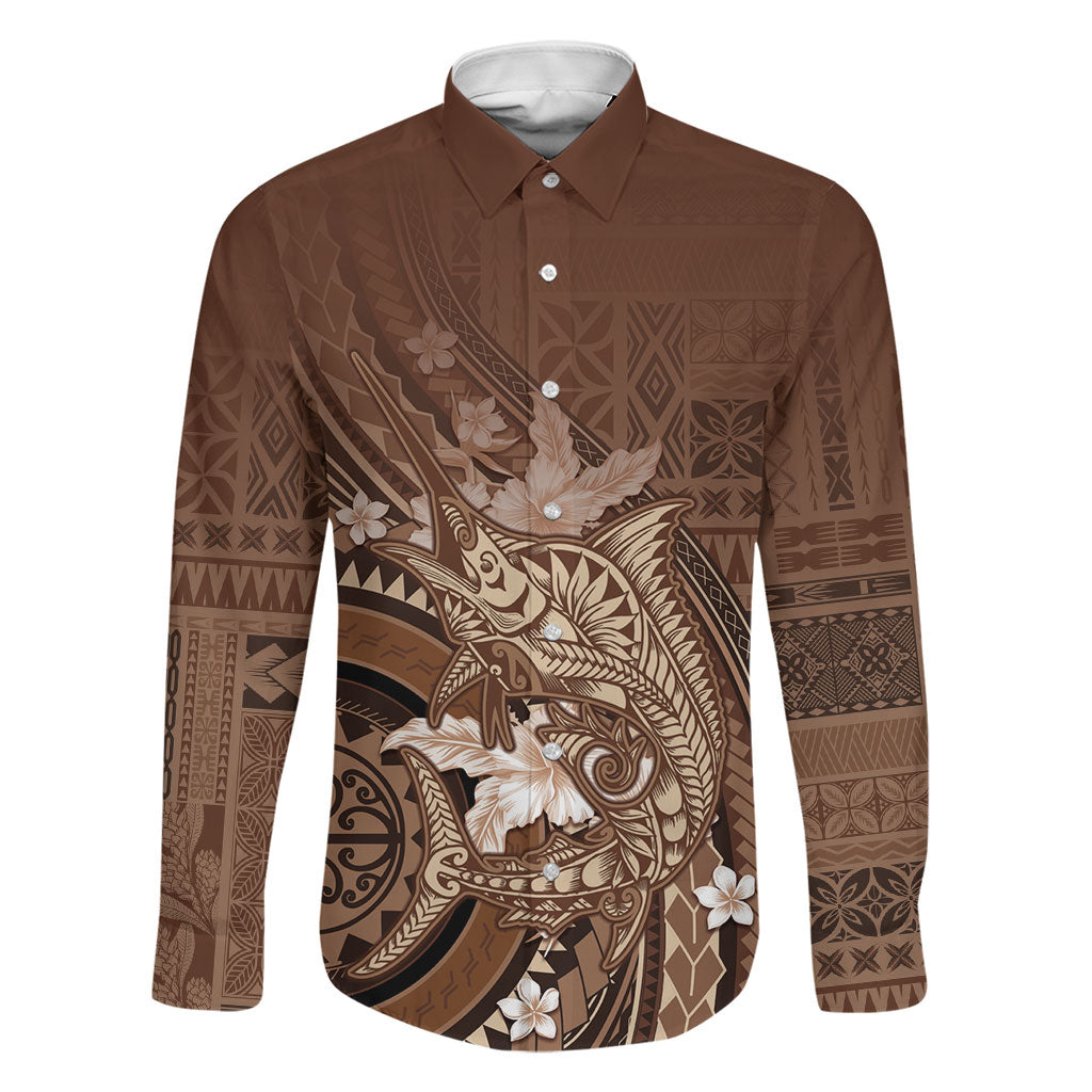 Samoa Tatau Marlin Family Matching Mermaid Dress and Hawaiian Shirt With Siapo Motifs Brown LT05 Dad's Shirt - Long Sleeve Brown - Polynesian Pride