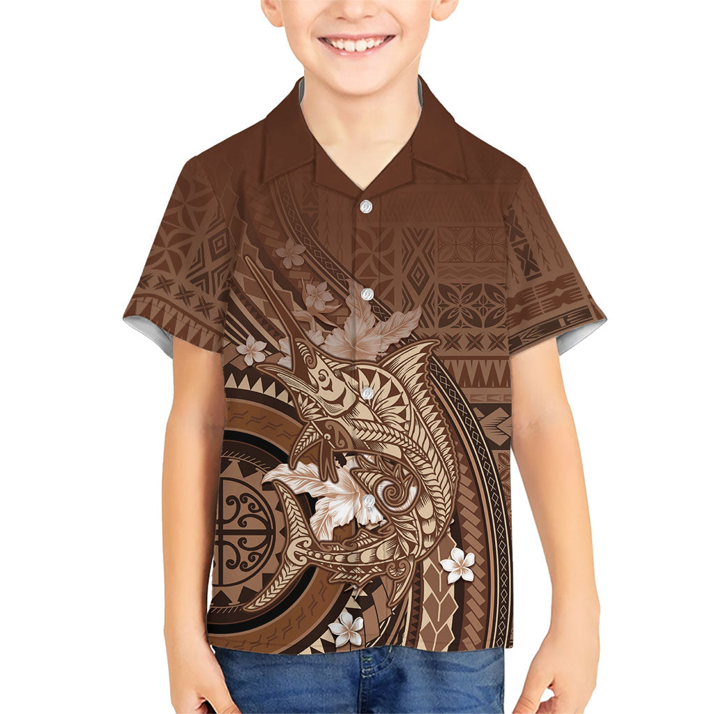 Samoa Tatau Marlin Family Matching Mermaid Dress and Hawaiian Shirt With Siapo Motifs Brown LT05 Son's Shirt Brown - Polynesian Pride