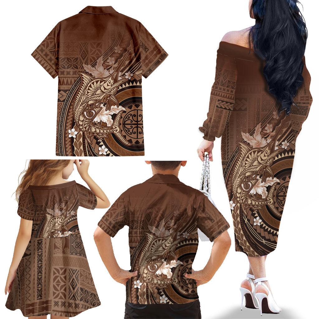 Samoa Tatau Marlin Family Matching Off The Shoulder Long Sleeve Dress and Hawaiian Shirt With Siapo Motifs Brown LT05 - Polynesian Pride