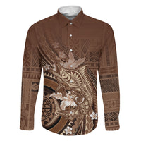 Samoa Tatau Marlin Family Matching Off The Shoulder Long Sleeve Dress and Hawaiian Shirt With Siapo Motifs Brown LT05 Dad's Shirt - Long Sleeve Brown - Polynesian Pride