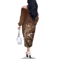 Samoa Tatau Marlin Family Matching Off The Shoulder Long Sleeve Dress and Hawaiian Shirt With Siapo Motifs Brown LT05 - Polynesian Pride