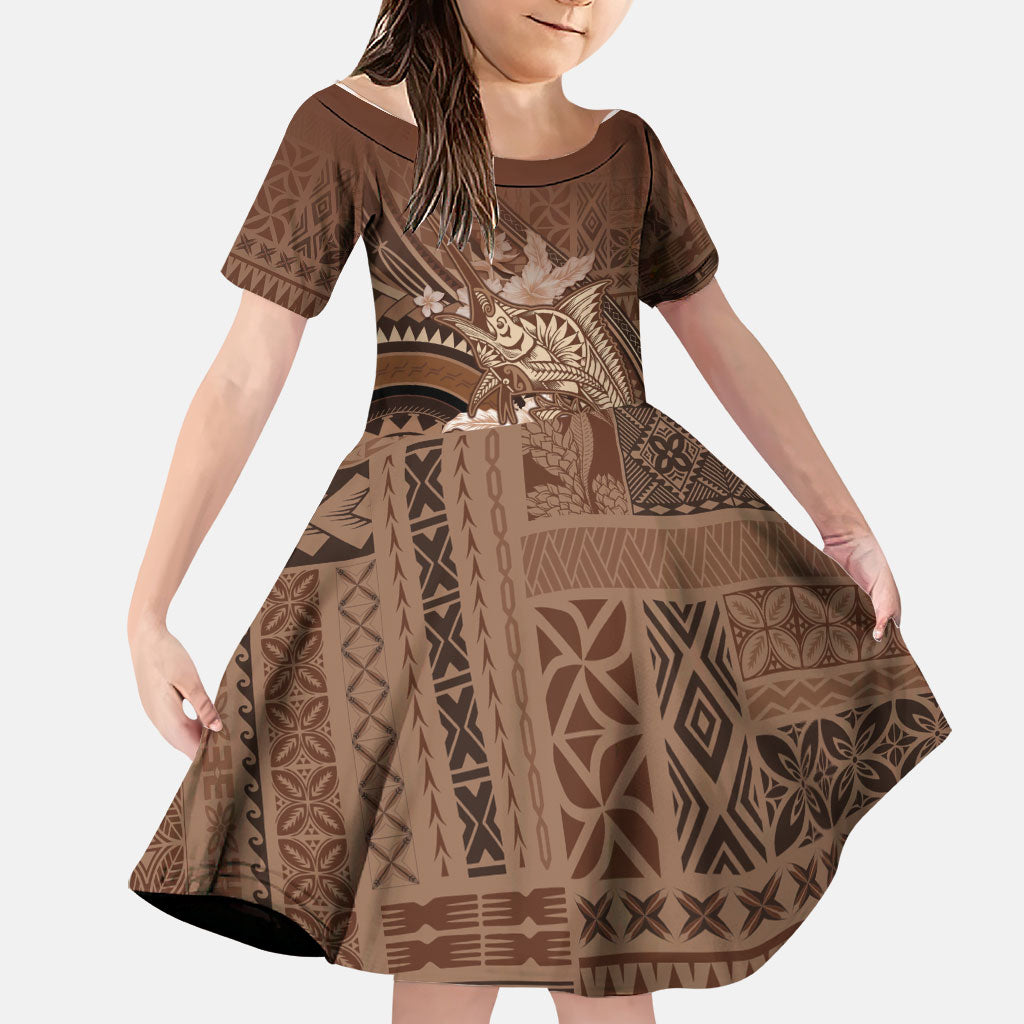 Samoa Tatau Marlin Family Matching Off Shoulder Maxi Dress and Hawaiian Shirt With Siapo Motifs Brown LT05 Daughter's Dress Brown - Polynesian Pride