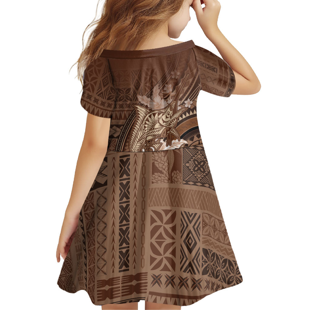 Samoa Tatau Marlin Family Matching Off Shoulder Maxi Dress and Hawaiian Shirt With Siapo Motifs Brown LT05 - Polynesian Pride