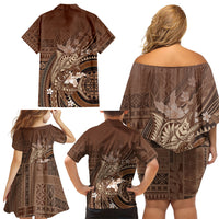 Samoa Tatau Marlin Family Matching Off Shoulder Short Dress and Hawaiian Shirt With Siapo Motifs Brown LT05 - Polynesian Pride