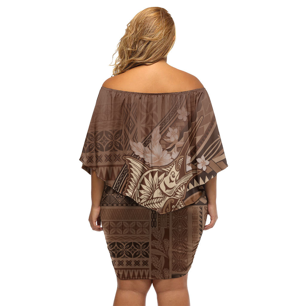 Samoa Tatau Marlin Family Matching Off Shoulder Short Dress and Hawaiian Shirt With Siapo Motifs Brown LT05 - Polynesian Pride