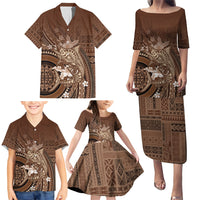 Samoa Tatau Marlin Family Matching Puletasi and Hawaiian Shirt With Siapo Motifs Brown