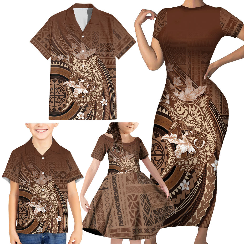 Samoa Tatau Marlin Family Matching Short Sleeve Bodycon Dress and Hawaiian Shirt With Siapo Motifs Brown LT05 - Polynesian Pride
