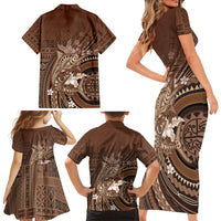 Samoa Tatau Marlin Family Matching Short Sleeve Bodycon Dress and Hawaiian Shirt With Siapo Motifs Brown LT05 - Polynesian Pride