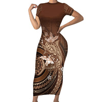 Samoa Tatau Marlin Family Matching Short Sleeve Bodycon Dress and Hawaiian Shirt With Siapo Motifs Brown LT05 Mom's Dress Brown - Polynesian Pride