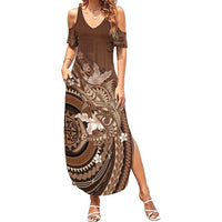 Samoa Tatau Marlin Family Matching Summer Maxi Dress and Hawaiian Shirt With Siapo Motifs Brown LT05 Mom's Dress Brown - Polynesian Pride