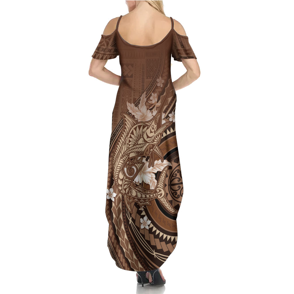 Samoa Tatau Marlin Family Matching Summer Maxi Dress and Hawaiian Shirt With Siapo Motifs Brown LT05 - Polynesian Pride