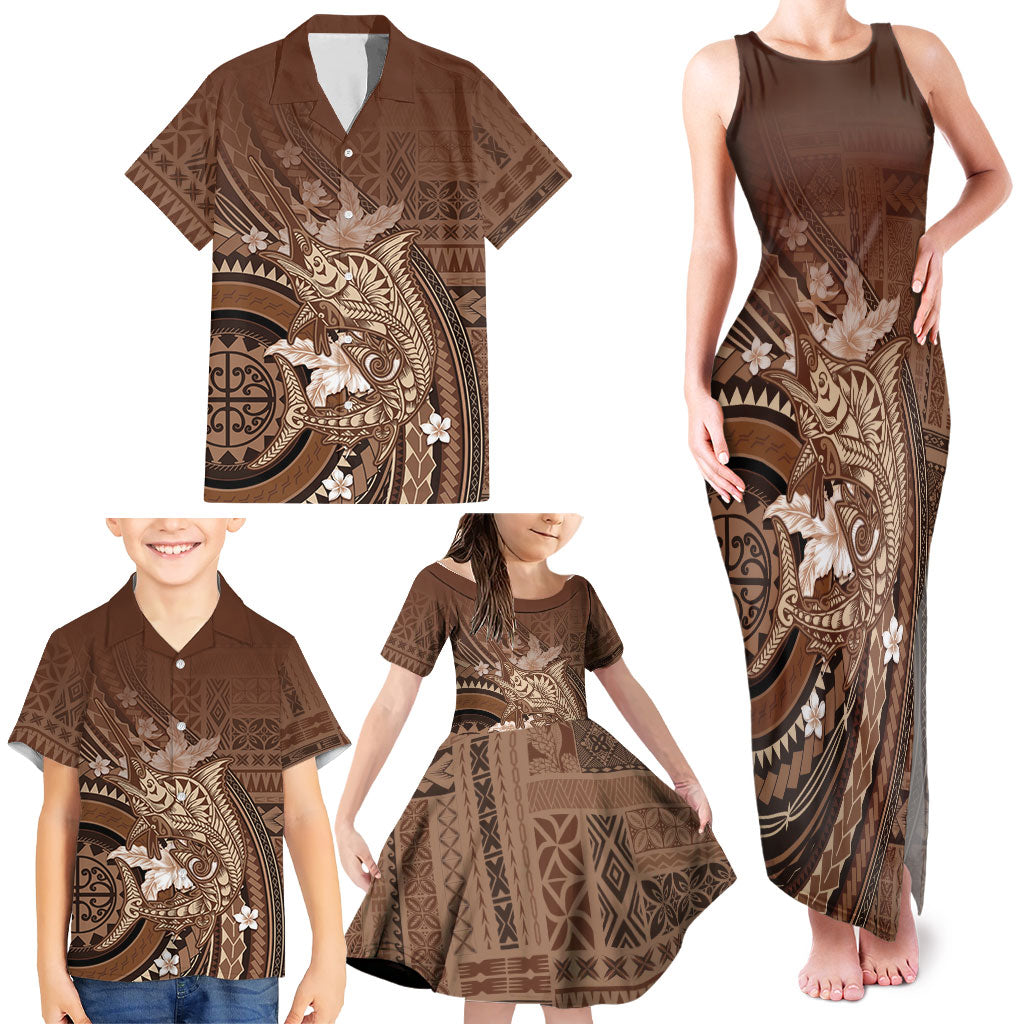 Samoa Tatau Marlin Family Matching Tank Maxi Dress and Hawaiian Shirt With Siapo Motifs Brown LT05 - Polynesian Pride