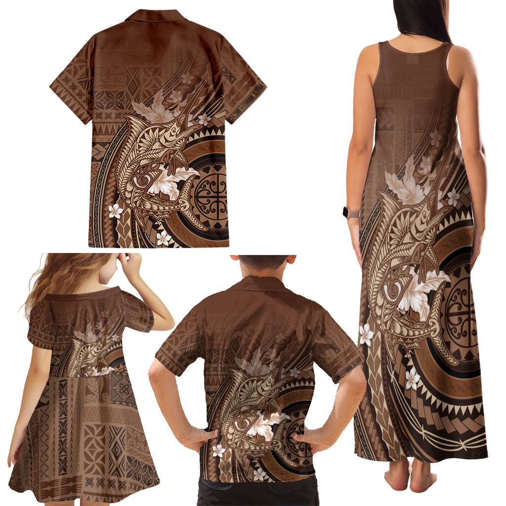 Samoa Tatau Marlin Family Matching Tank Maxi Dress and Hawaiian Shirt With Siapo Motifs Brown LT05 - Polynesian Pride