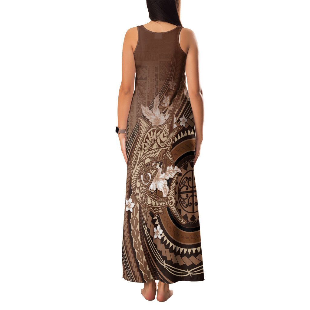 Samoa Tatau Marlin Family Matching Tank Maxi Dress and Hawaiian Shirt With Siapo Motifs Brown LT05 - Polynesian Pride