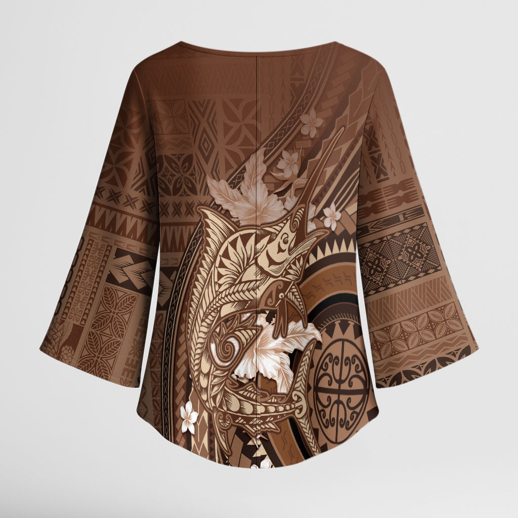 Samoa Tatau Marlin Kimono Sleeve Blouse With Siapo Motifs Brown