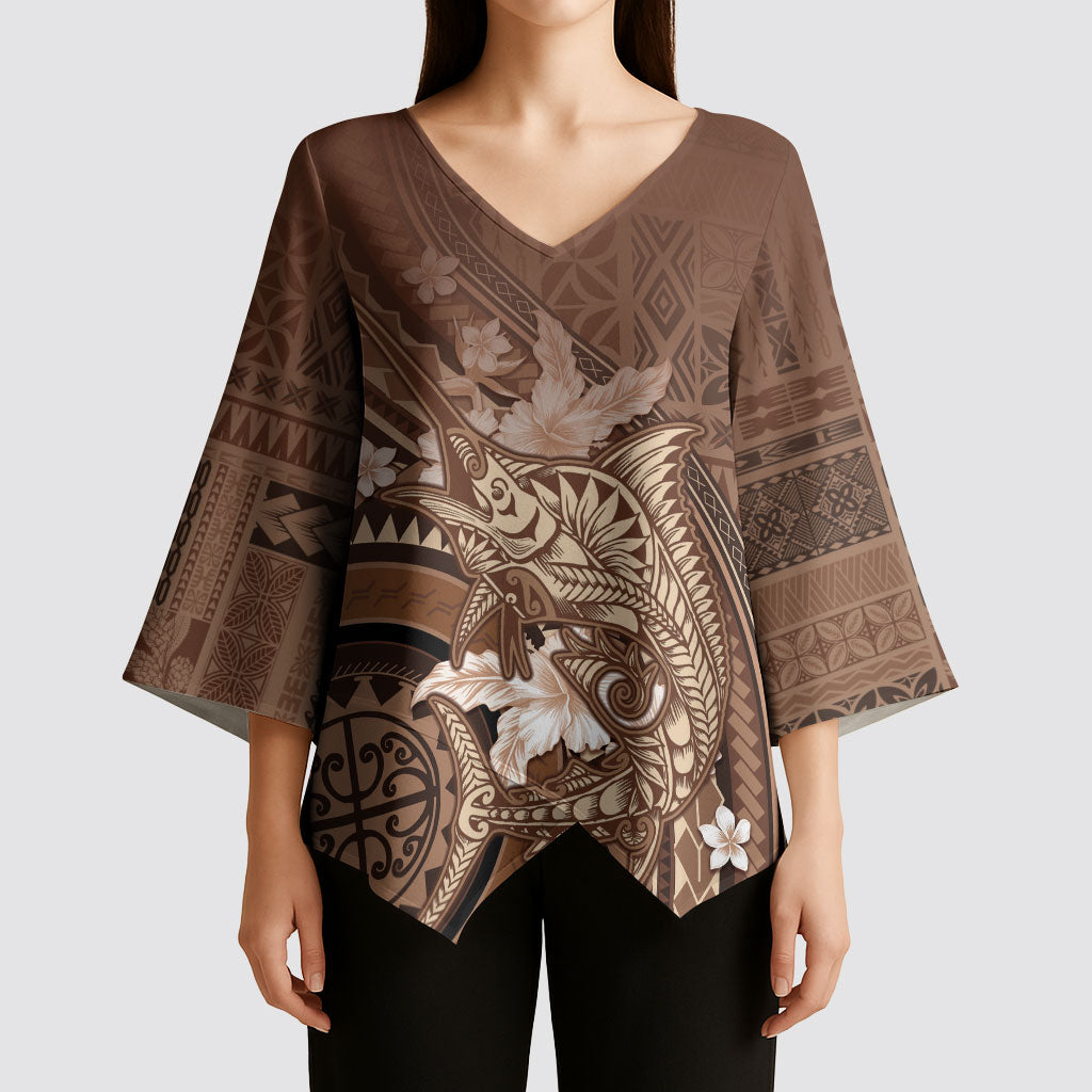 Samoa Tatau Marlin Kimono Sleeve Blouse With Siapo Motifs Brown
