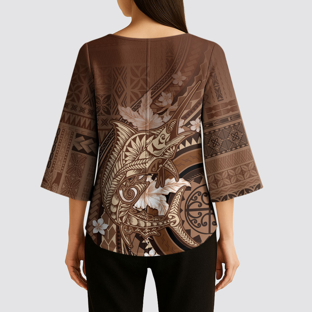 Samoa Tatau Marlin Kimono Sleeve Blouse With Siapo Motifs Brown