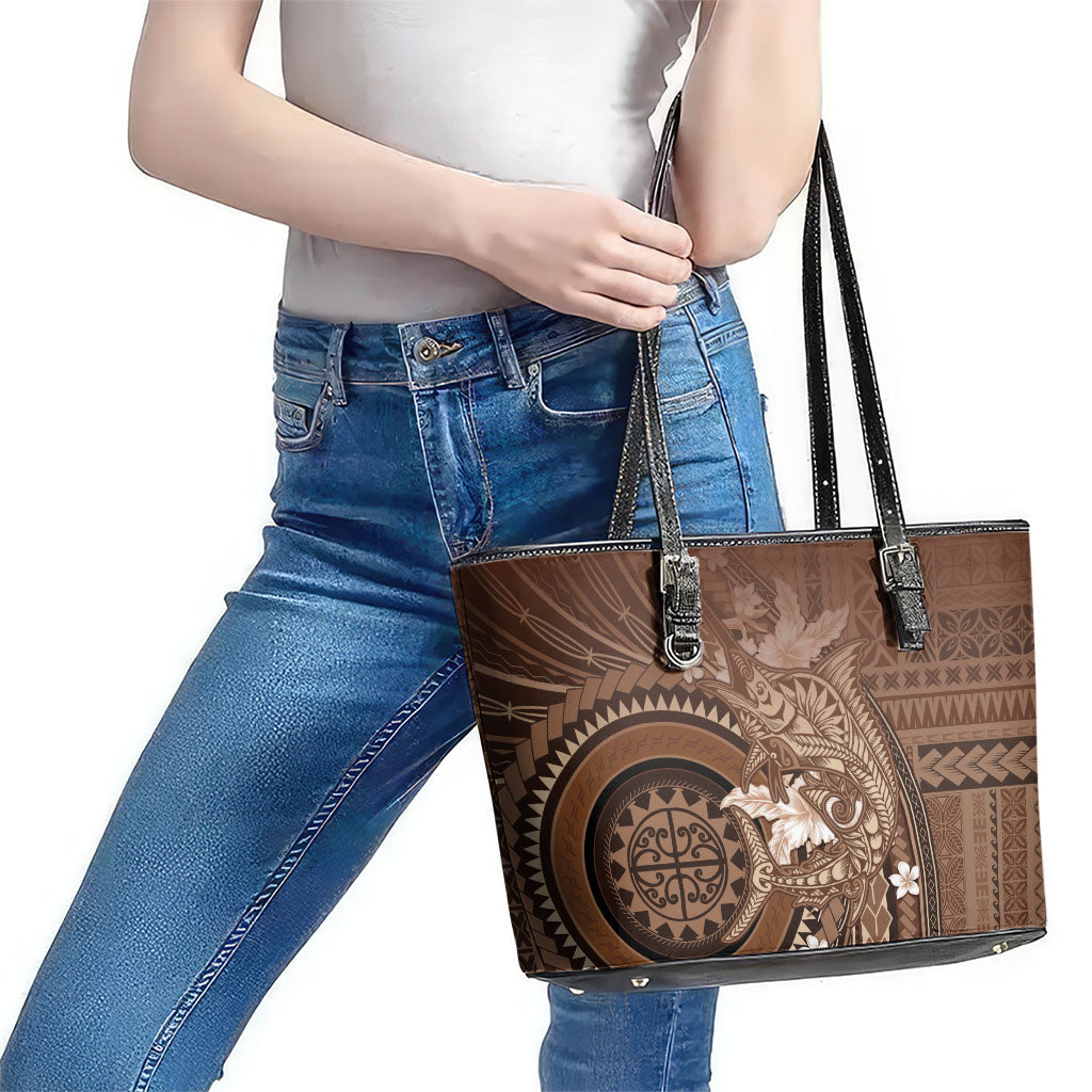 Samoa Tatau Marlin Leather Tote Bag With Siapo Motifs Brown