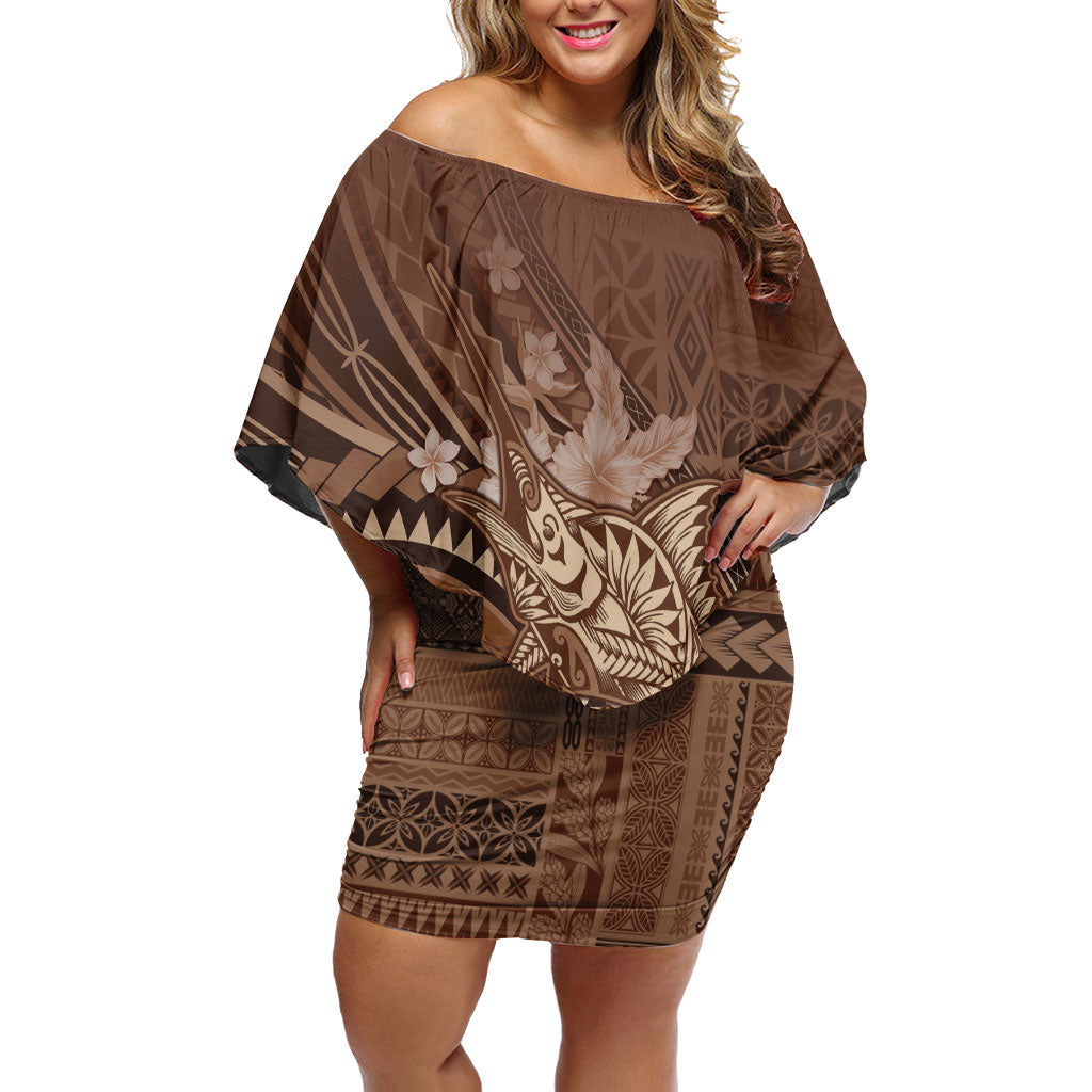 Samoa Tatau Marlin Off Shoulder Short Dress With Siapo Motifs Brown