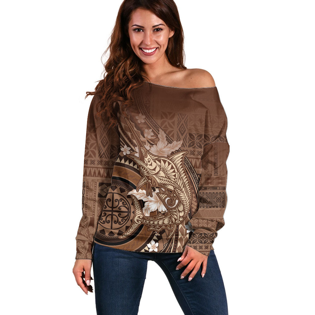 Samoa Tatau Marlin Off Shoulder Sweater With Siapo Motifs Brown