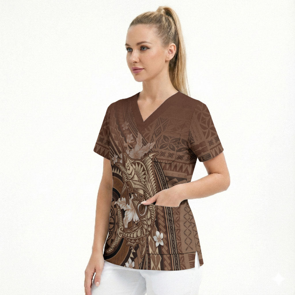 Samoa Tatau Marlin Scrub Top With Siapo Motifs Brown