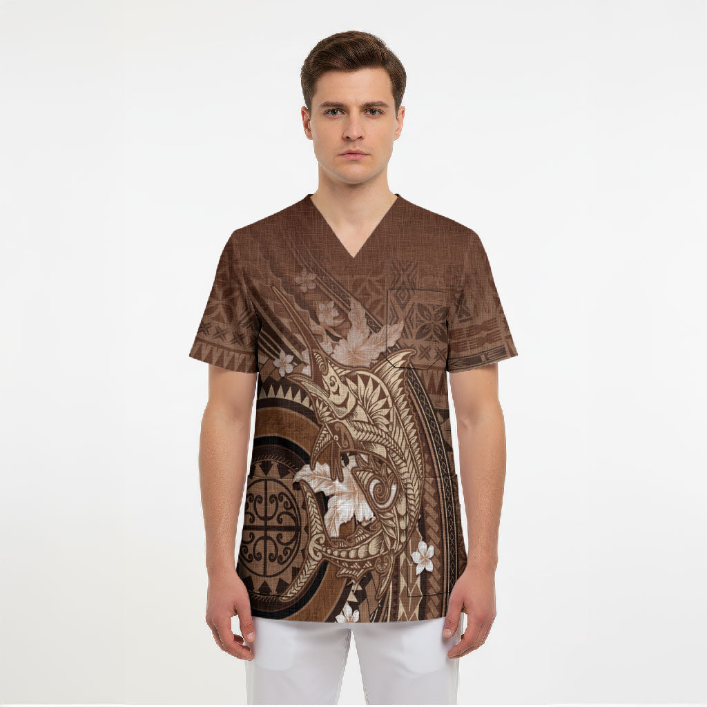 Samoa Tatau Marlin Scrub Top With Siapo Motifs Brown