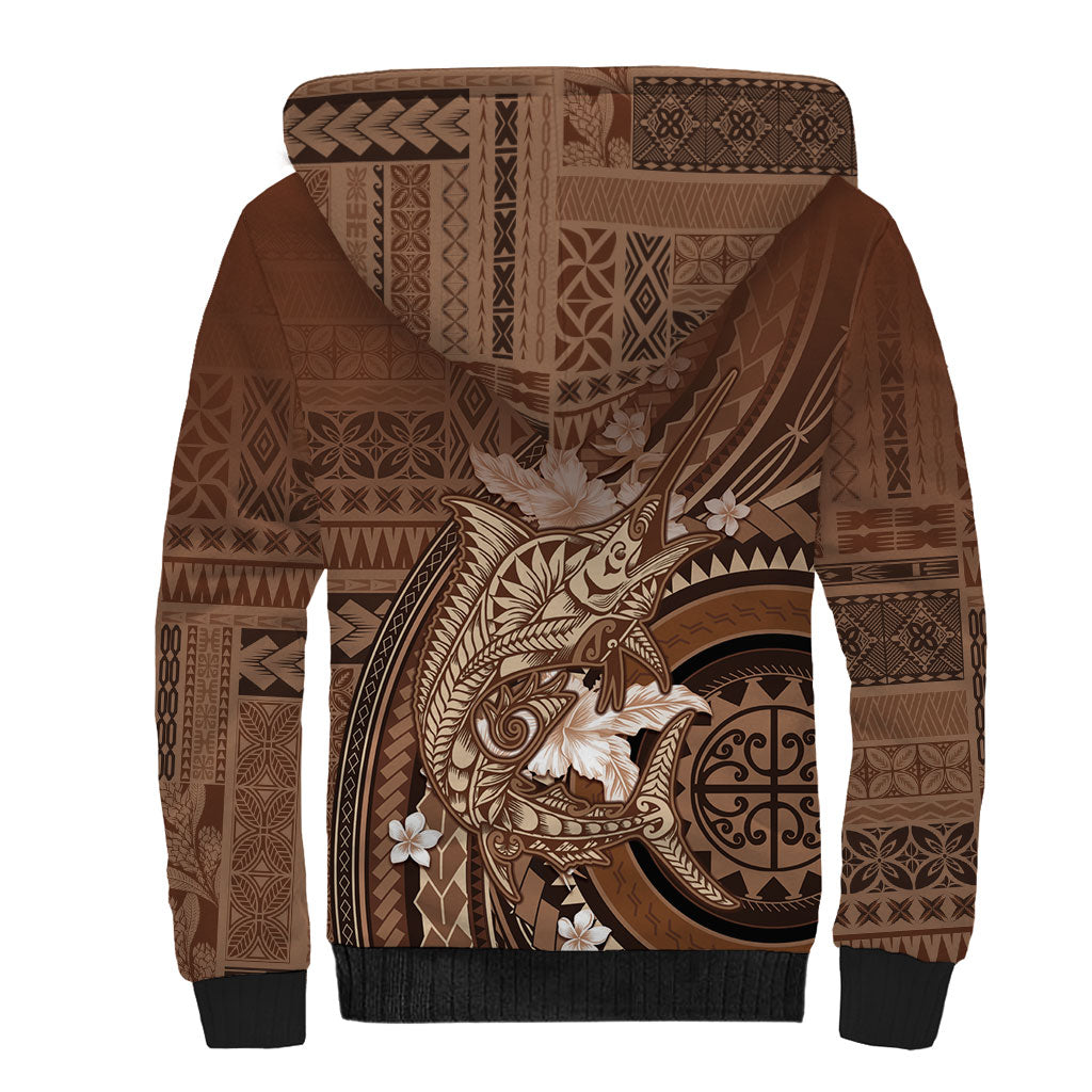 Samoa Tatau Marlin Sherpa Hoodie With Siapo Motifs Brown