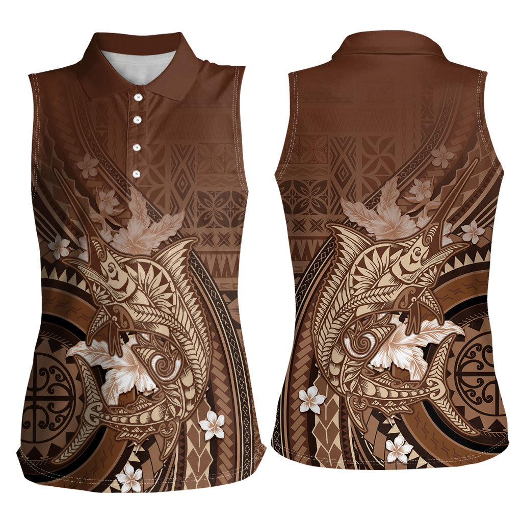 Samoa Tatau Marlin Women Sleeveless Polo Shirt With Siapo Motifs Brown