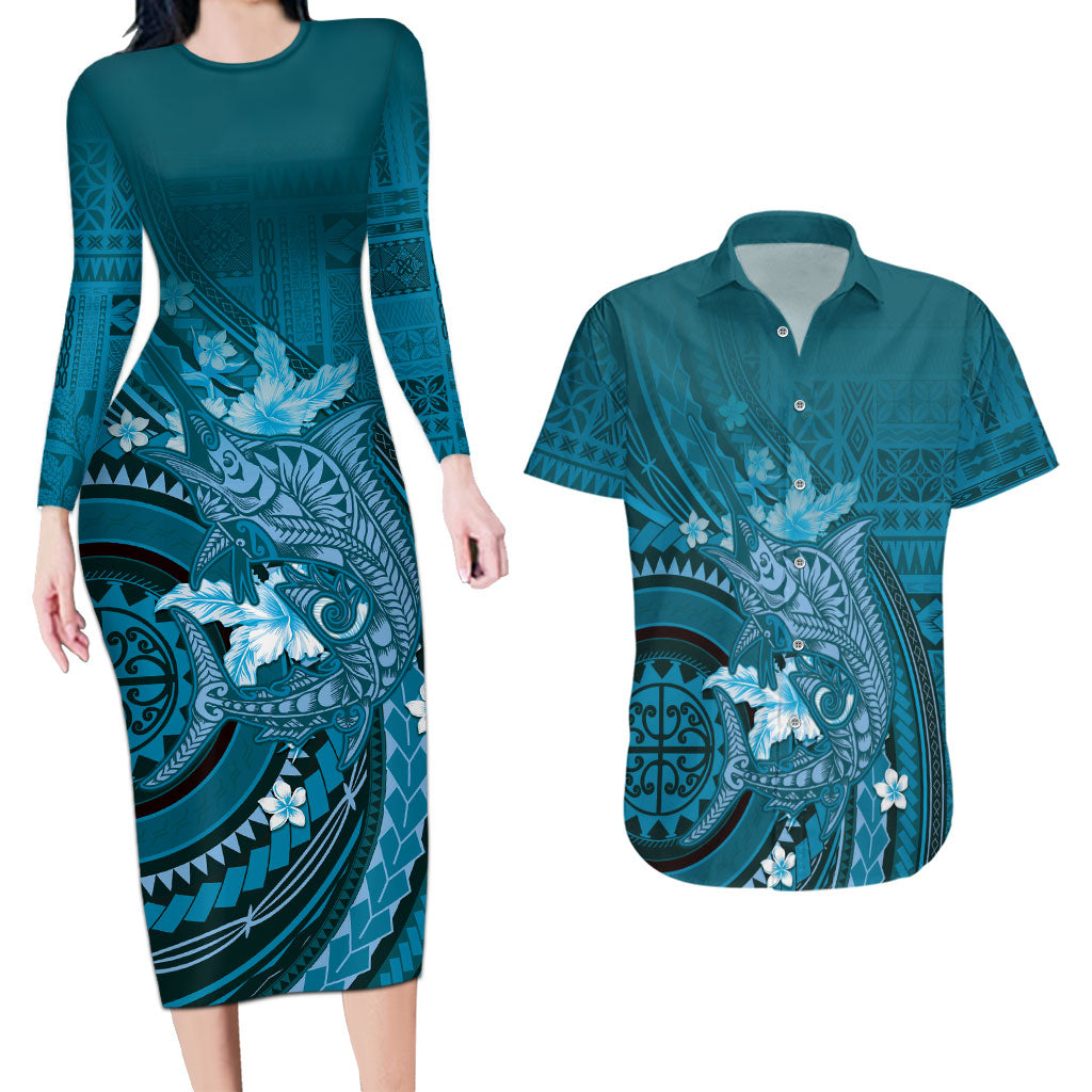 Samoa Tatau Marlin Couples Matching Long Sleeve Bodycon Dress and Hawaiian Shirt With Siapo Motifs Teal