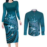 Samoa Tatau Marlin Couples Matching Long Sleeve Bodycon Dress and Long Sleeve Button Shirt With Siapo Motifs Teal