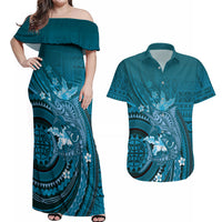 Samoa Tatau Marlin Couples Matching Off Shoulder Maxi Dress and Hawaiian Shirt With Siapo Motifs Teal